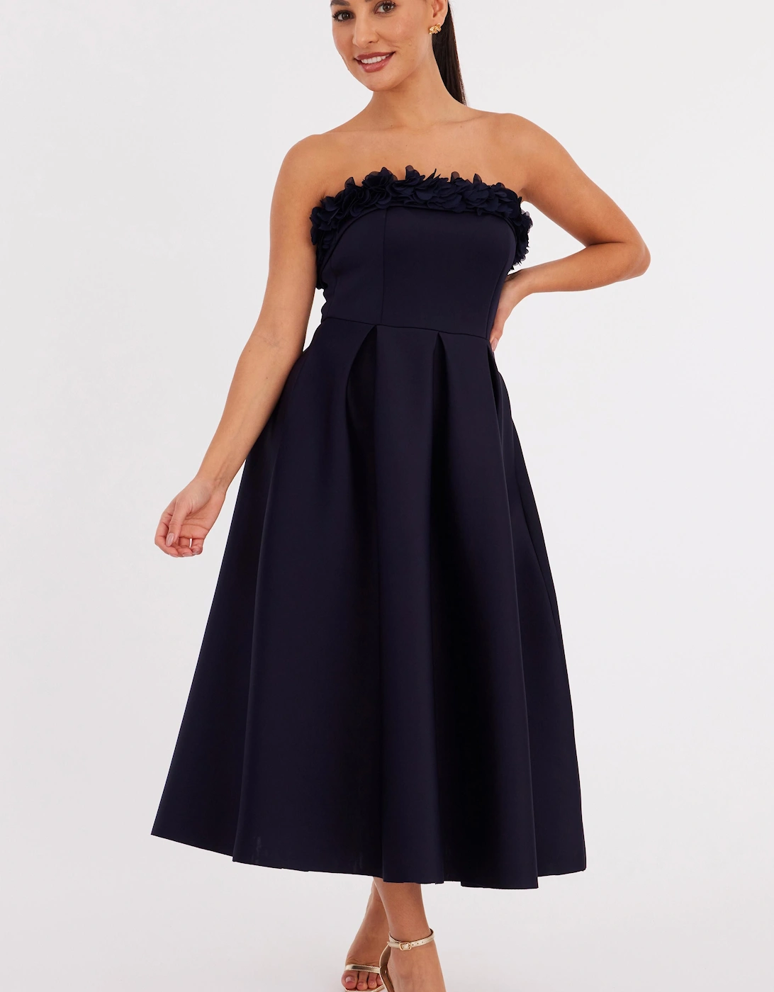 Navy Petite Flower Bandeau Skater Dress, 2 of 1