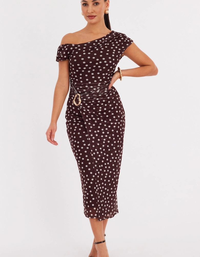 Brown Petite Polka Dot Mesh Midaxi Dress