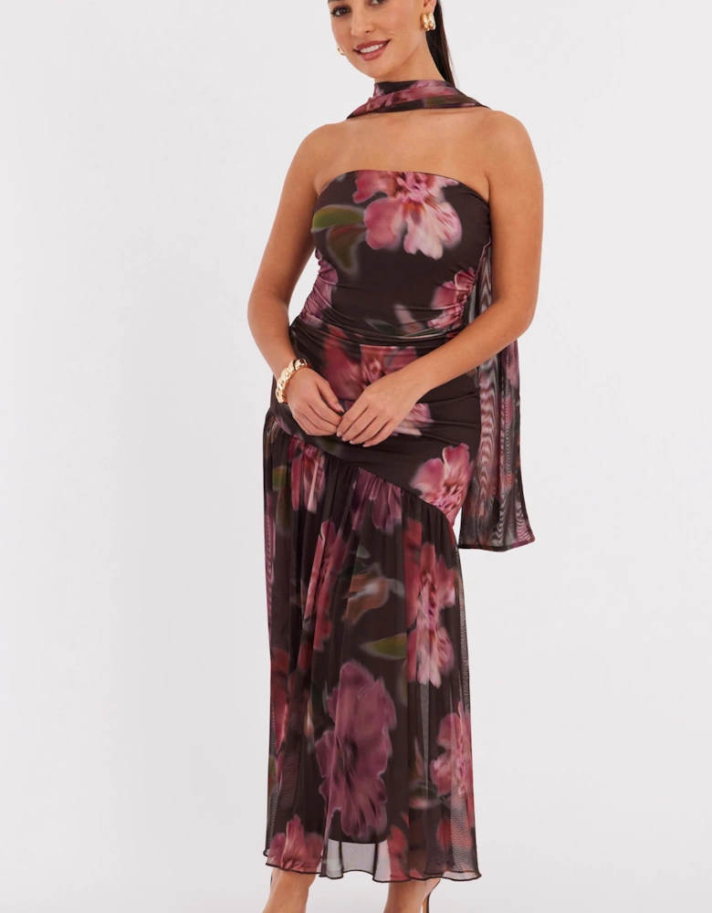 Brown Petite Floral Strapless Midaxi Dress