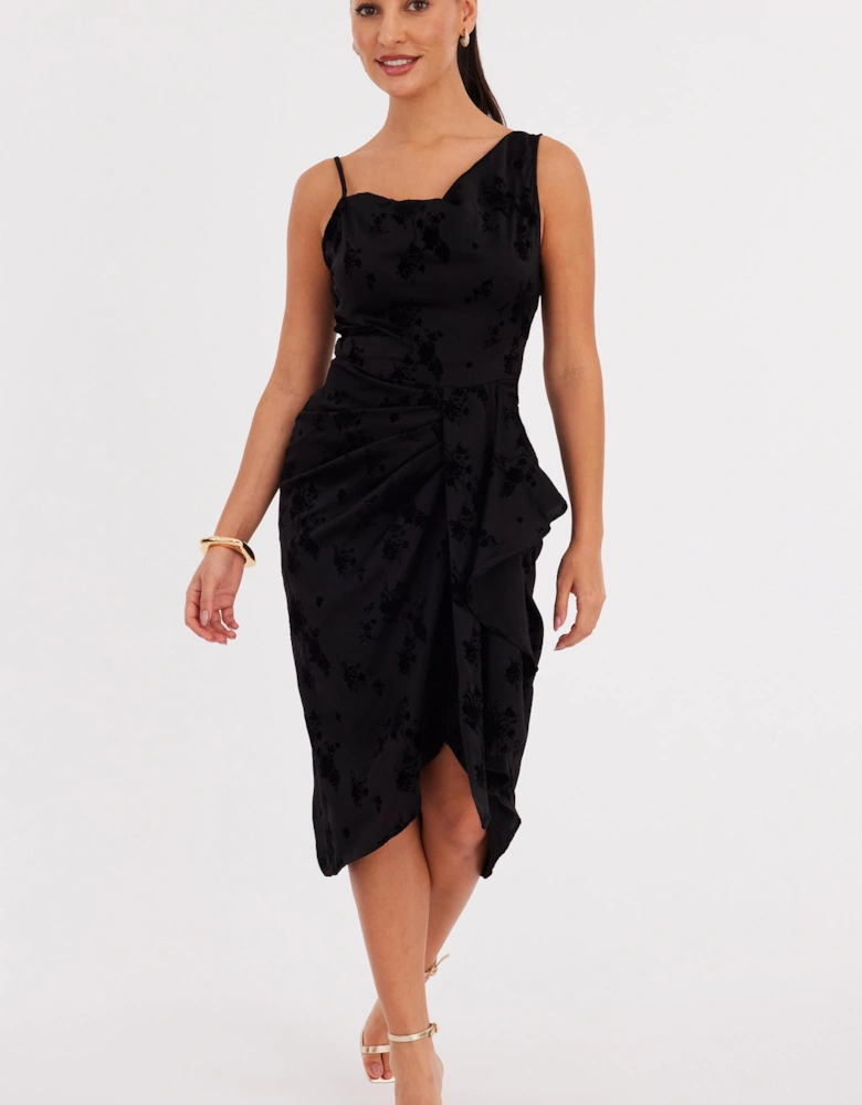 Black Petite Satin Floral Midi Dress