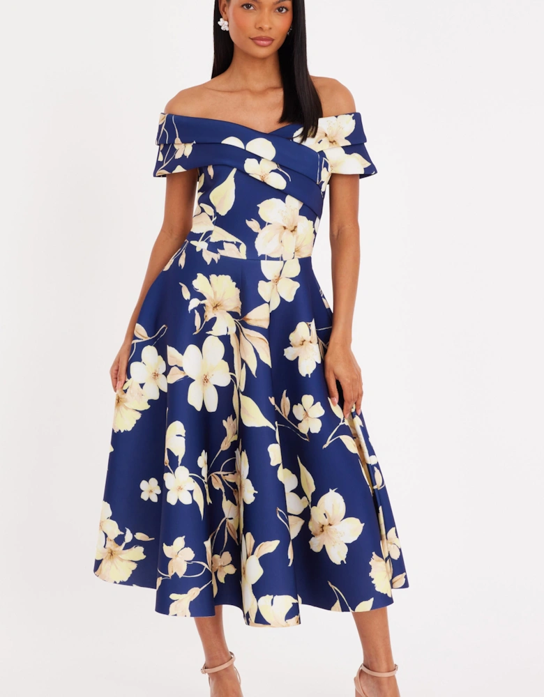 Navy Floral Pleated Bardot Midaxi Dress