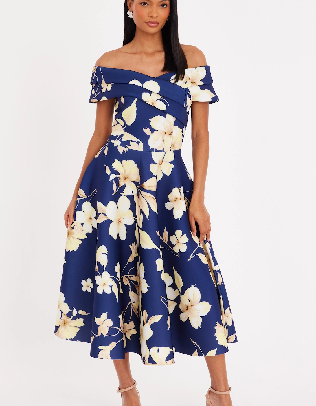 Navy Floral Pleated Bardot Midaxi Dress, 2 of 1
