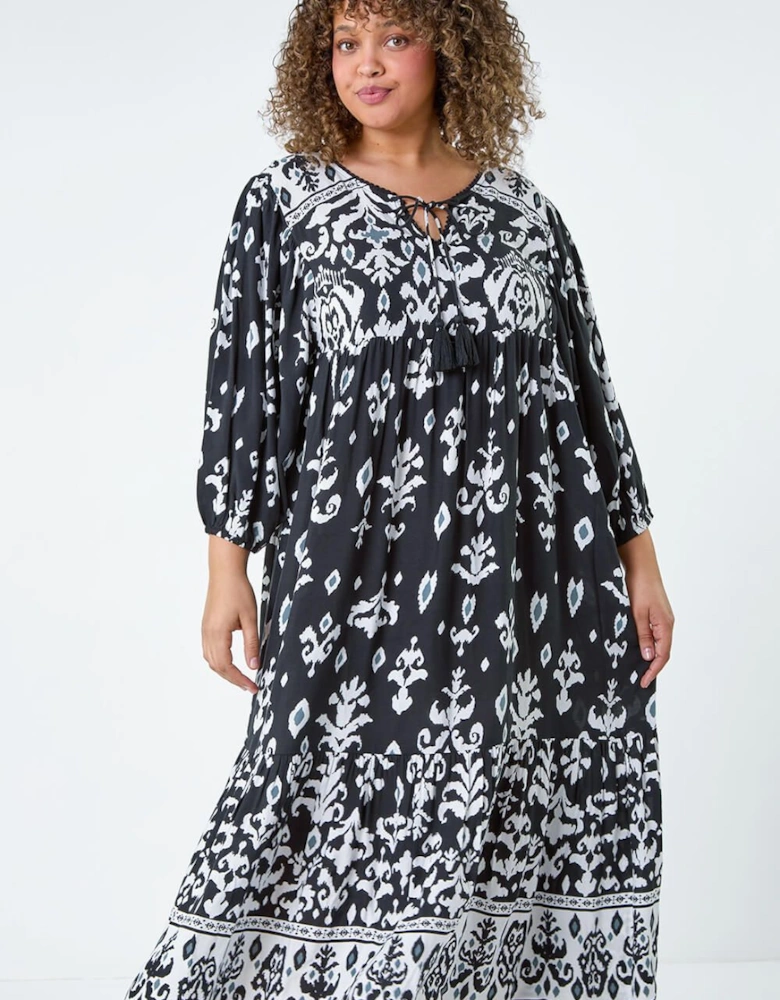 Curve Boho Print Tiered Midi Dress