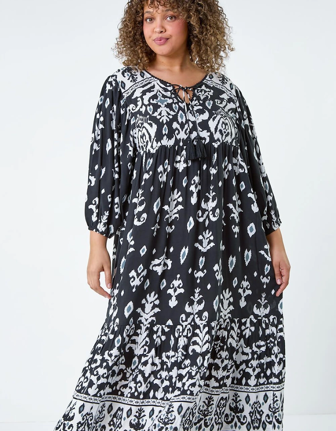 Curve Boho Print Tiered Midi Dress, 2 of 1