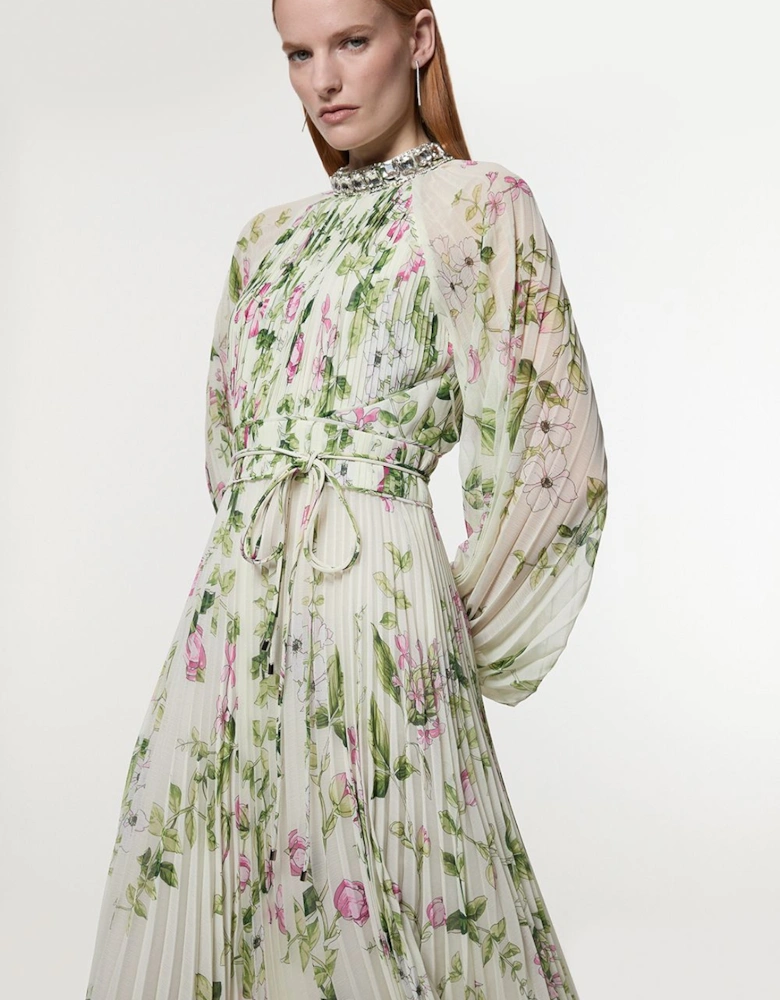 Floral Diamante Enamel Trim Woven Pleated Long Sleeve Maxi Dress