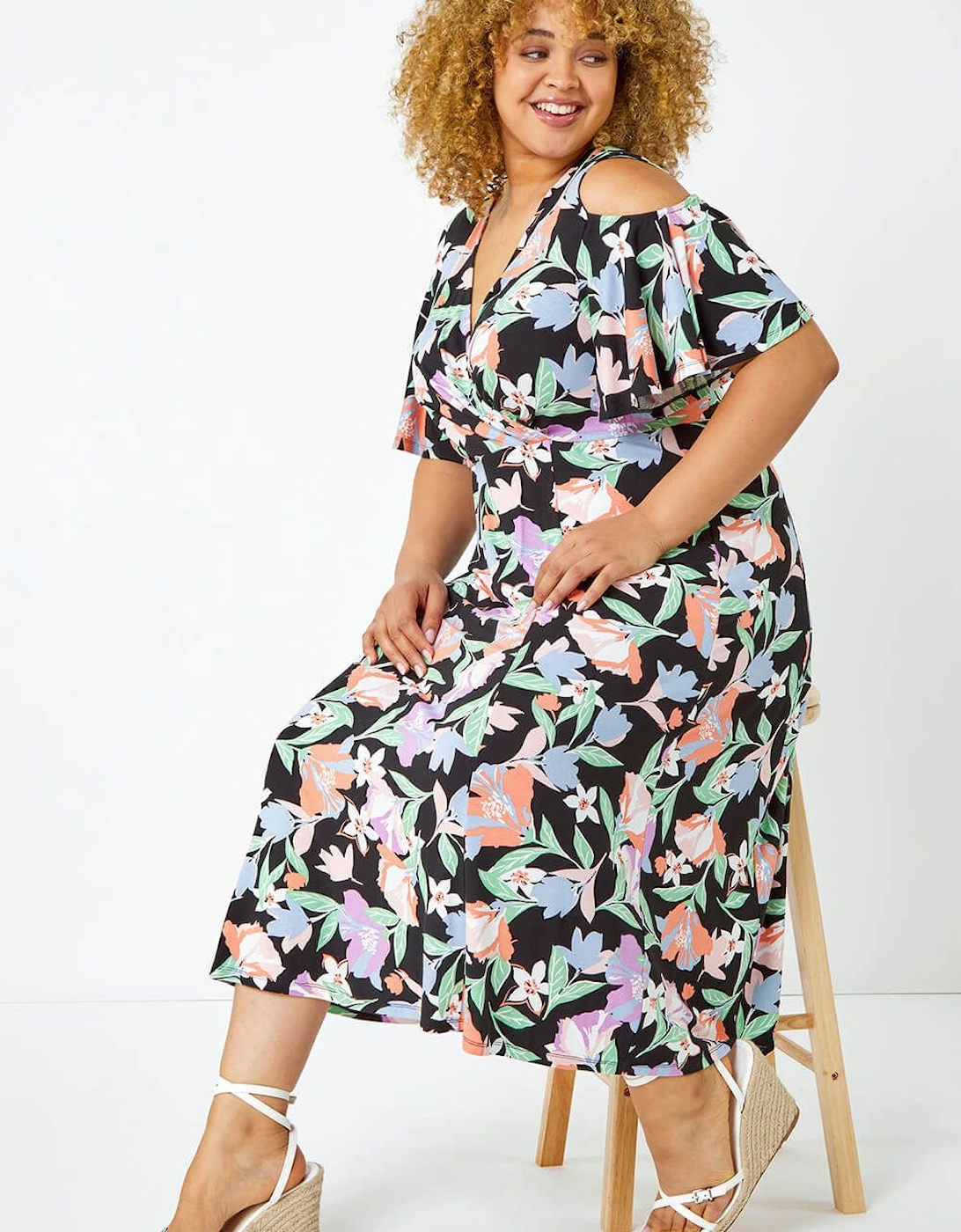 Curve Cold Shoulder Floral Wrap Dress, 2 of 1