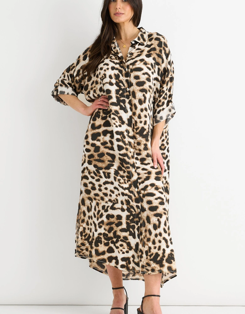 Animal Printed Button Through Midaxi Shirt Dress