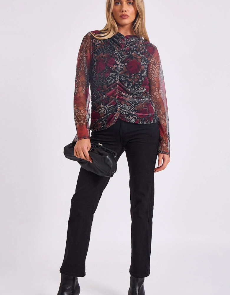 Burgundy Mesh Printed Ruched Front Top