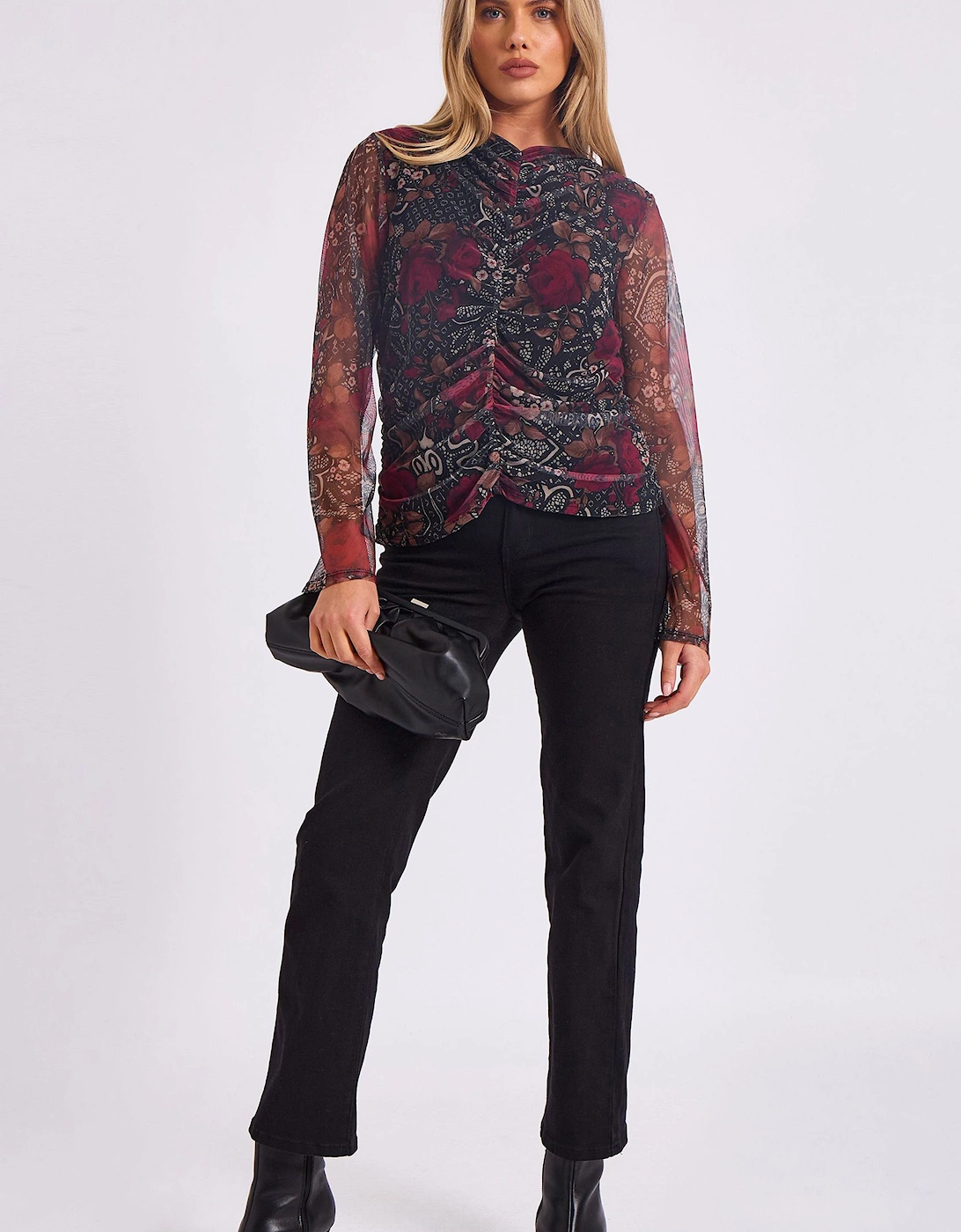 Burgundy Mesh Printed Ruched Front Top, 2 of 1