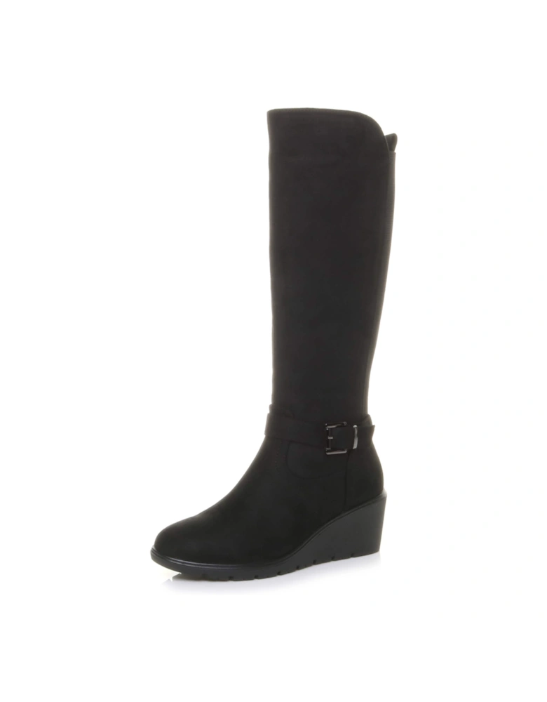 Mid Wedge Heel Knee High Stretch  Calf Boots