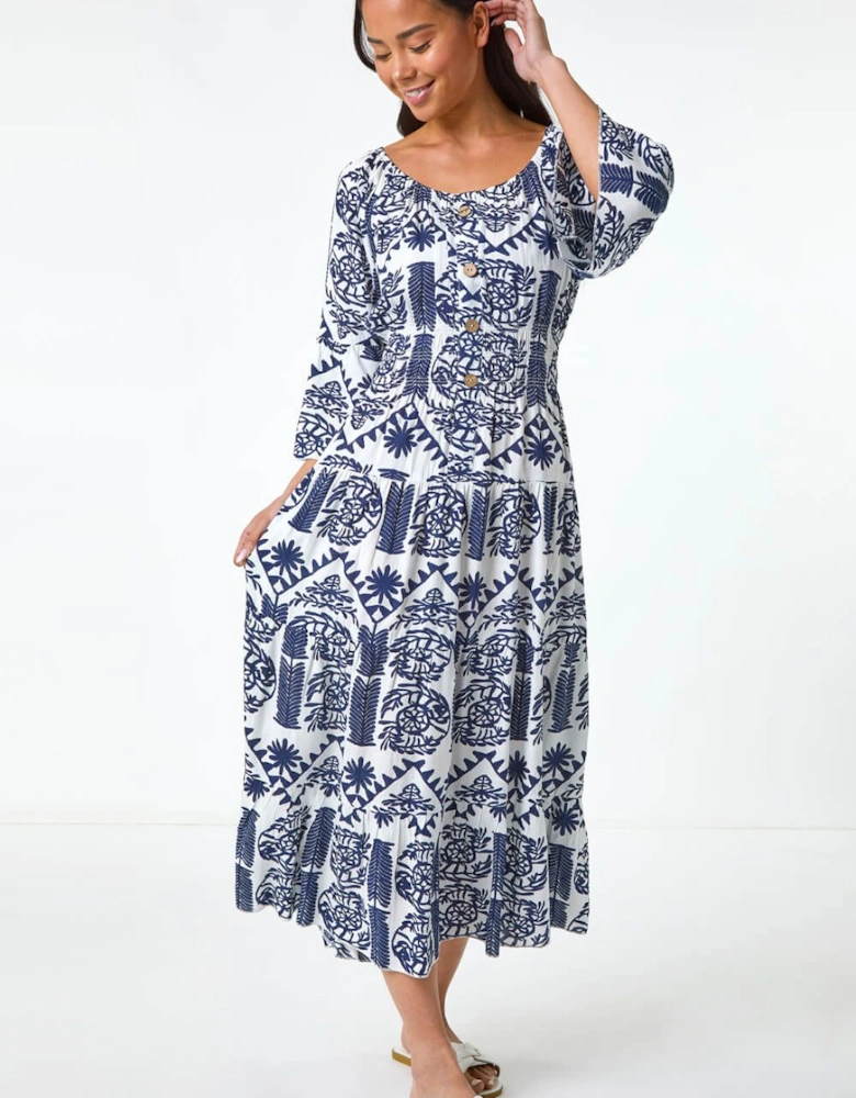 Petite Abstract Print Button Midi Dress