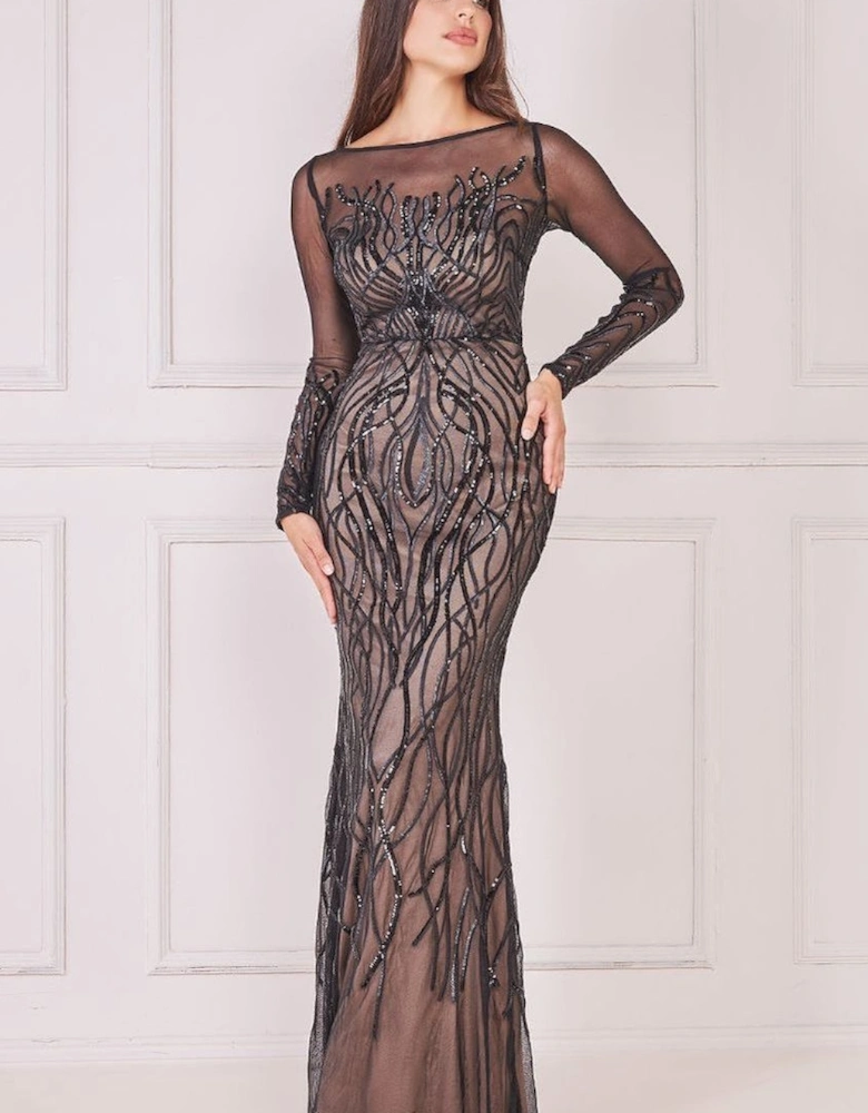 Long Sleeve Sequin Flame Maxi Dress