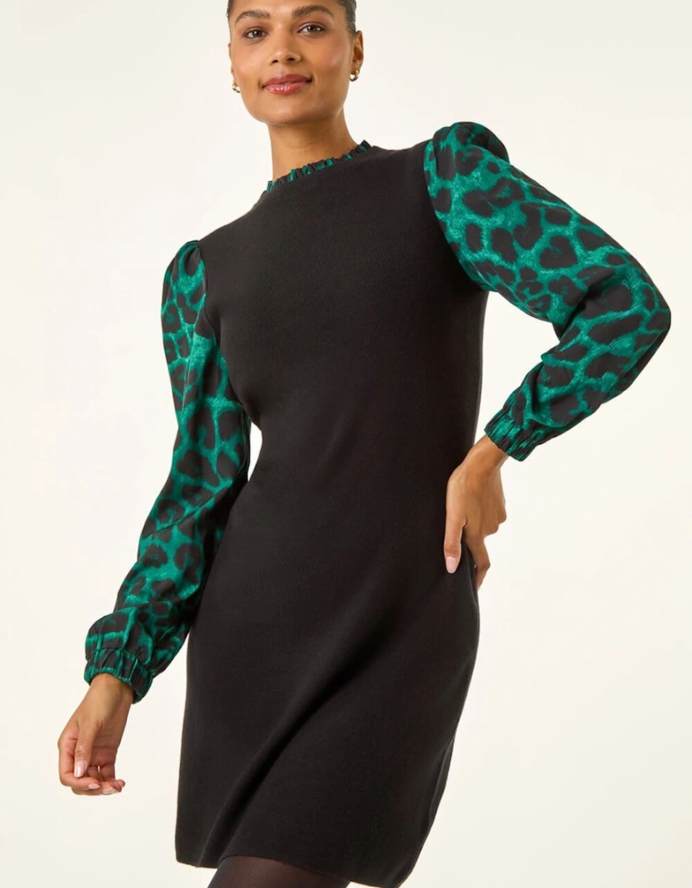 Animal Print Mix Frill Short Dress