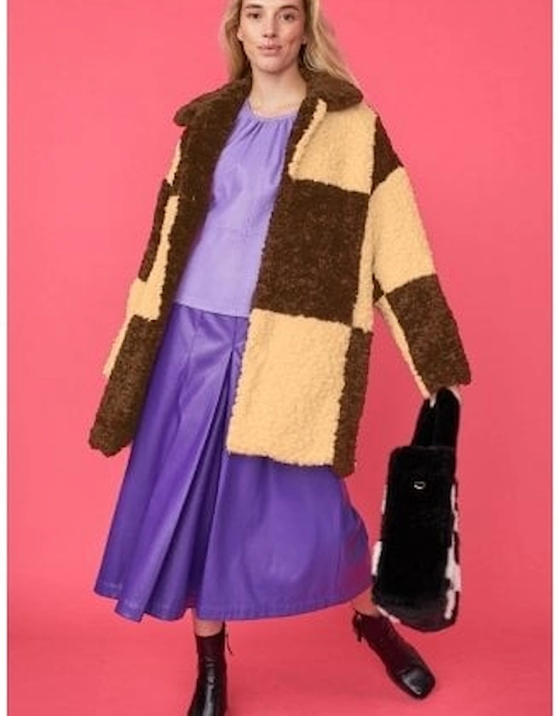 Checkered Brown Faux Shearling Oversized Coat, 2 of 1