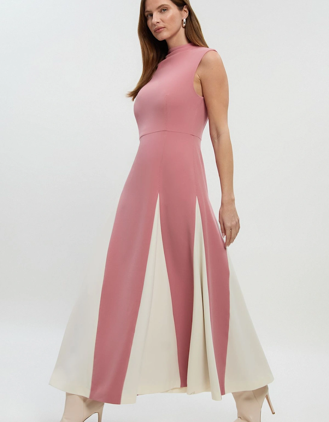 Petite Compact Stretch Tailored Colour Block Full Skirted Midi Dress, 2 of 1