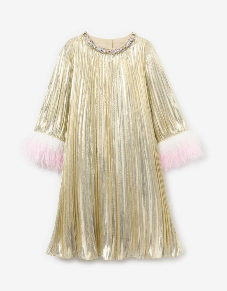 Girls Metallic Chiffon Feather Dress in Gold