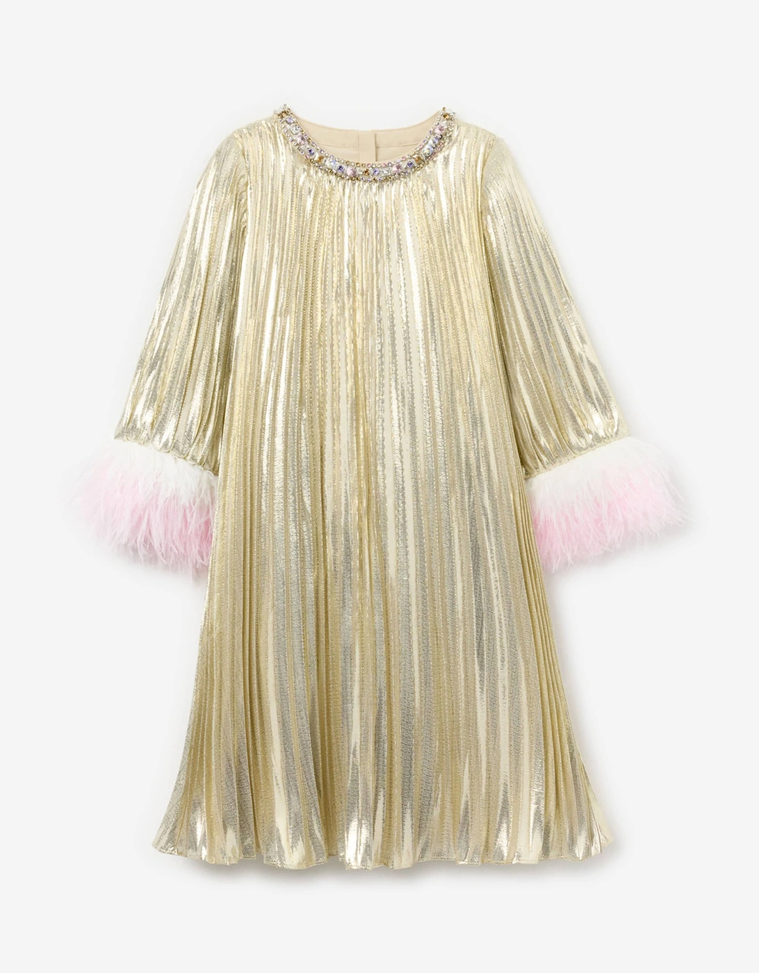Girls Metallic Chiffon Feather Dress in Gold, 4 of 3