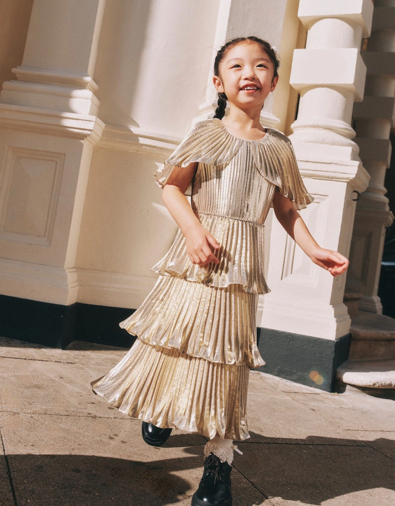 Girls Metallic Tiered Dress in Gold