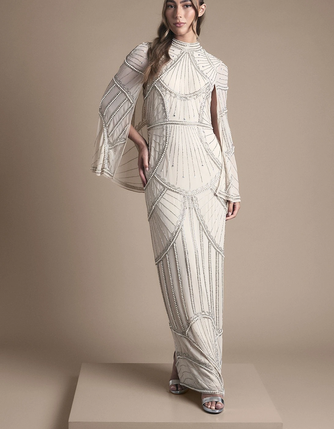 Embellished Column Maxi Wedding Dress with Cape Detail, 2 of 1