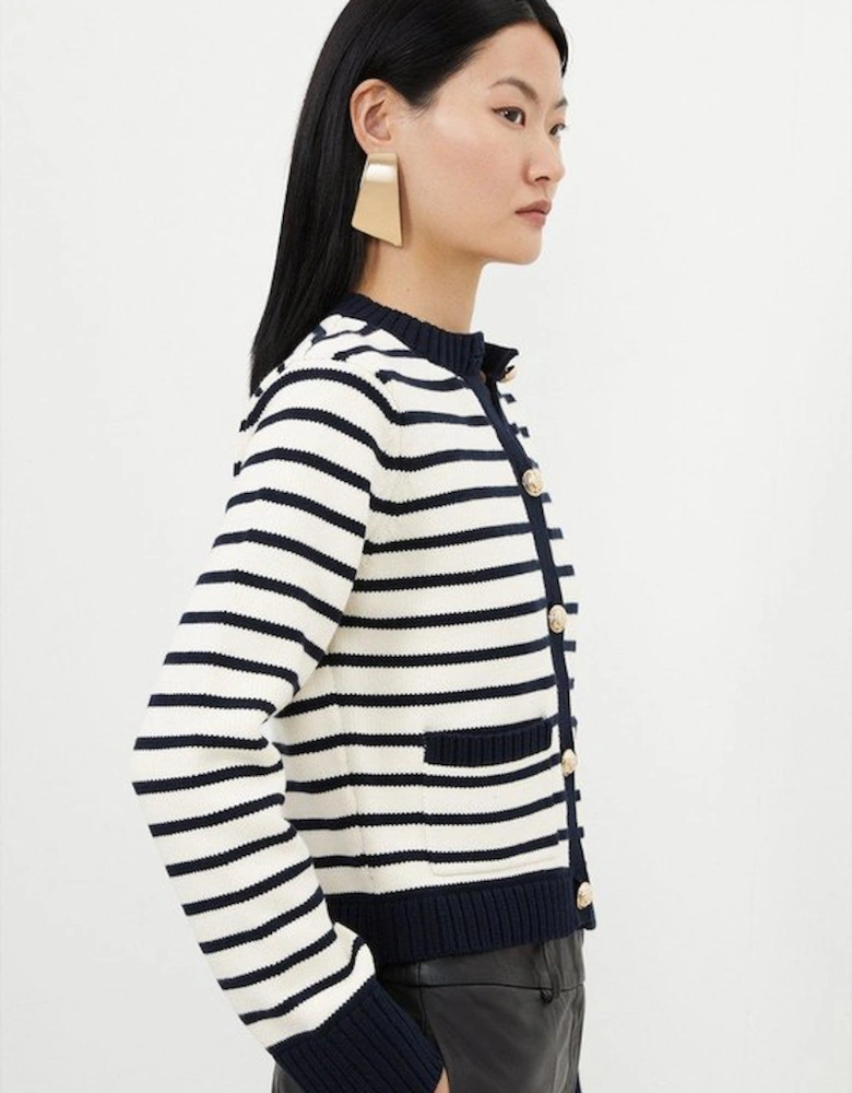 Cotton Cropped Knit Boxy Striped Cardigan