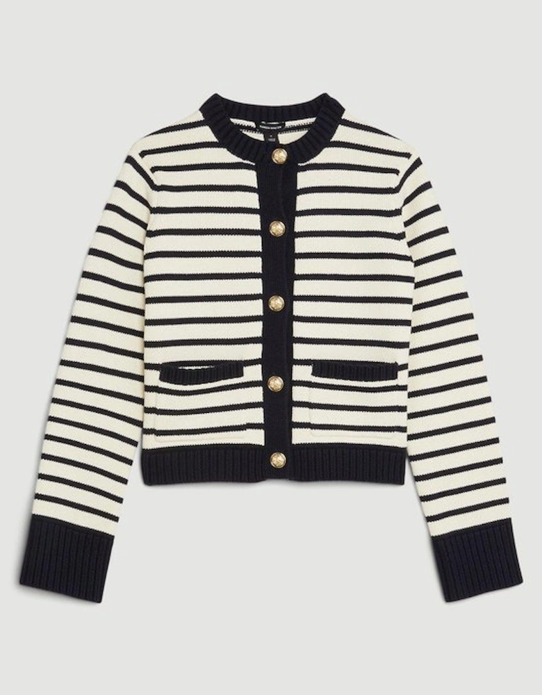 Cotton Cropped Knit Boxy Striped Cardigan