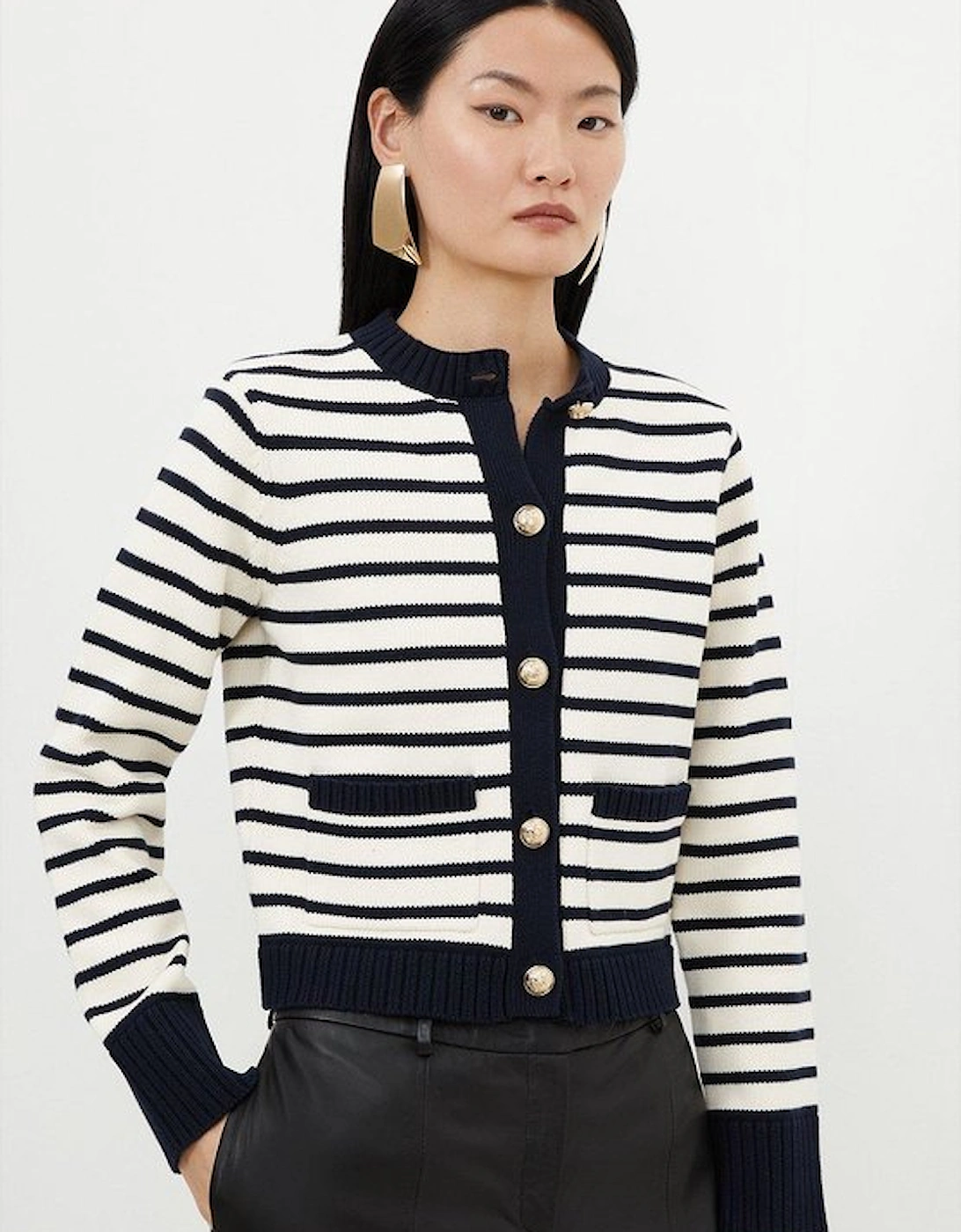 Cotton Cropped Knit Boxy Striped Cardigan, 5 of 4
