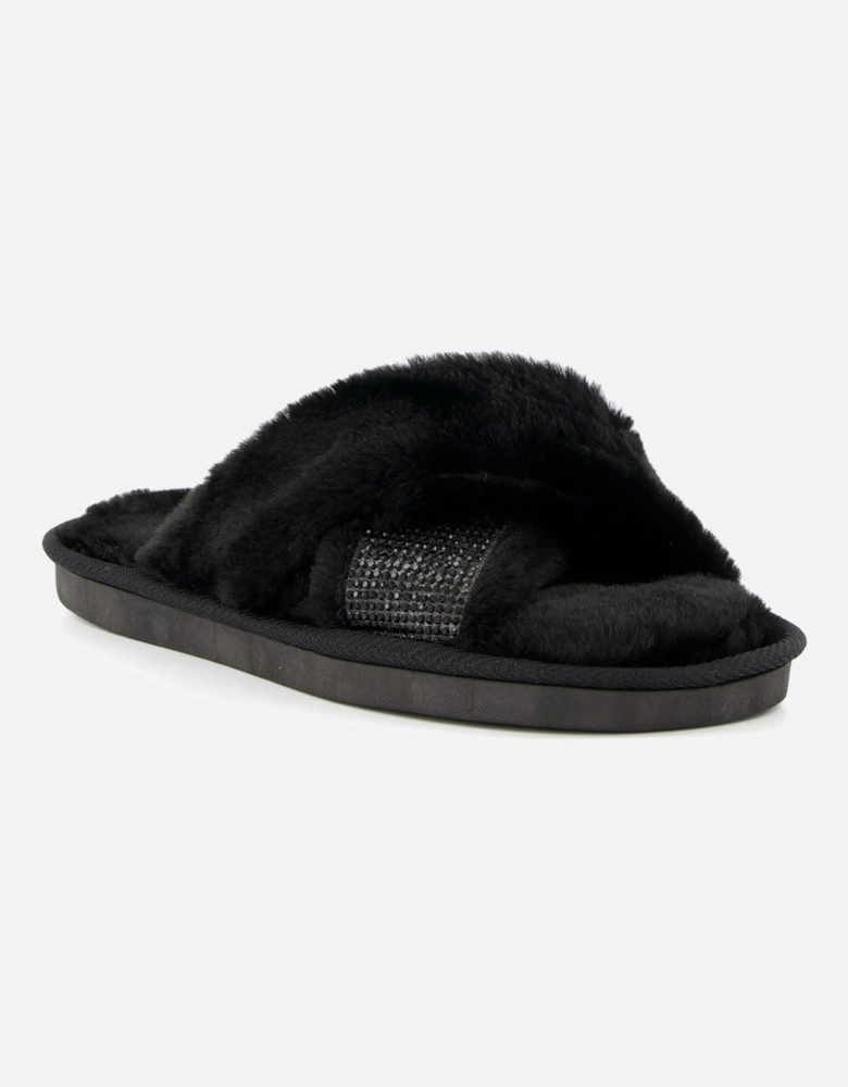 Winta Diamante Cross Strap Faux Fur Slippers