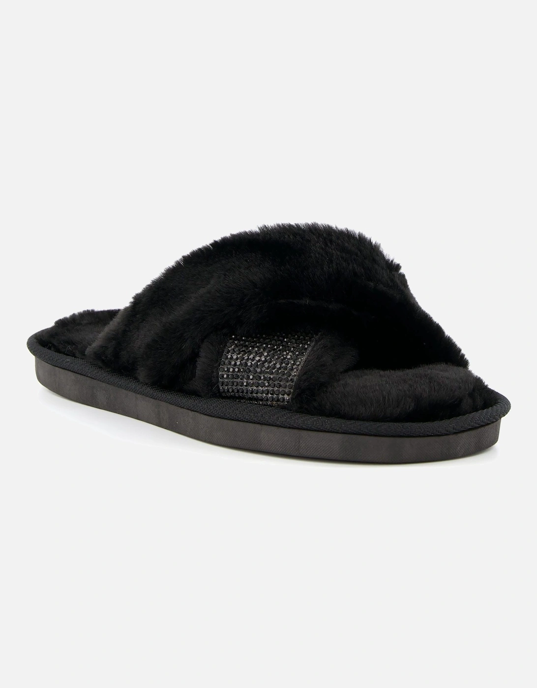 Winta Diamante Cross Strap Faux Fur Slippers