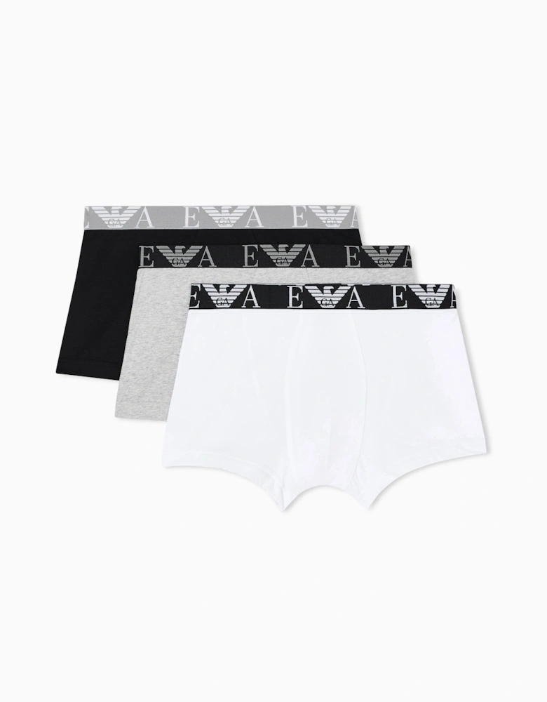 3-Pack Mens Boxers with Bold Monogram Logo Waistband - Black/Light Melange Grey/White