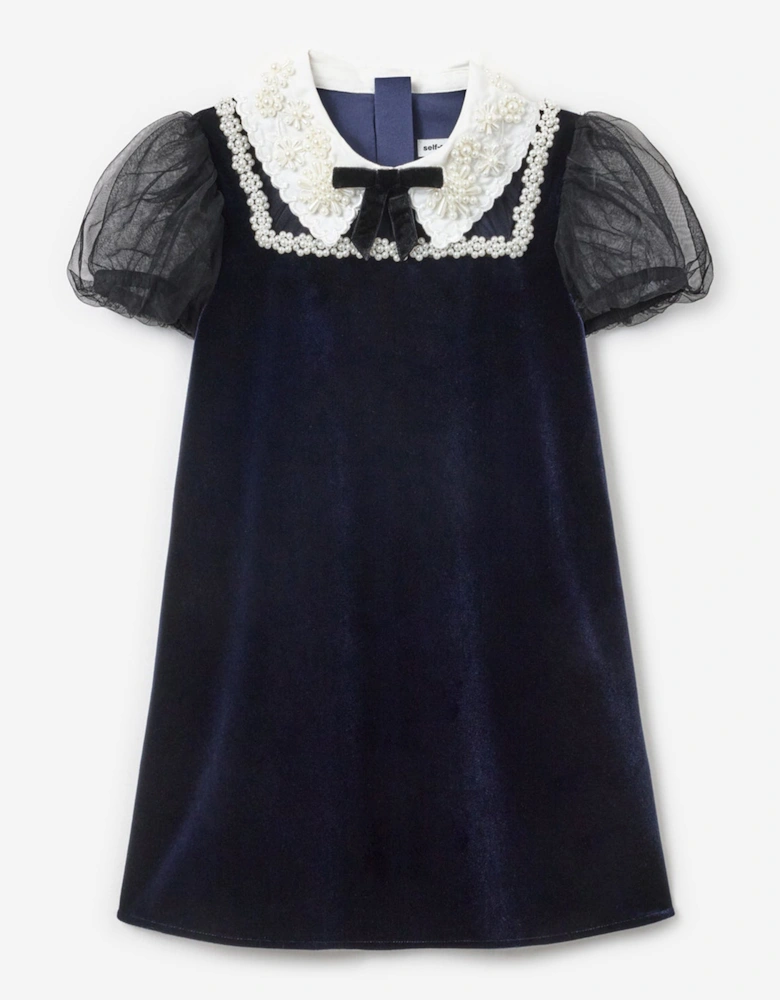 Girls Velvet Tulle Flower Trim Dress in Navy