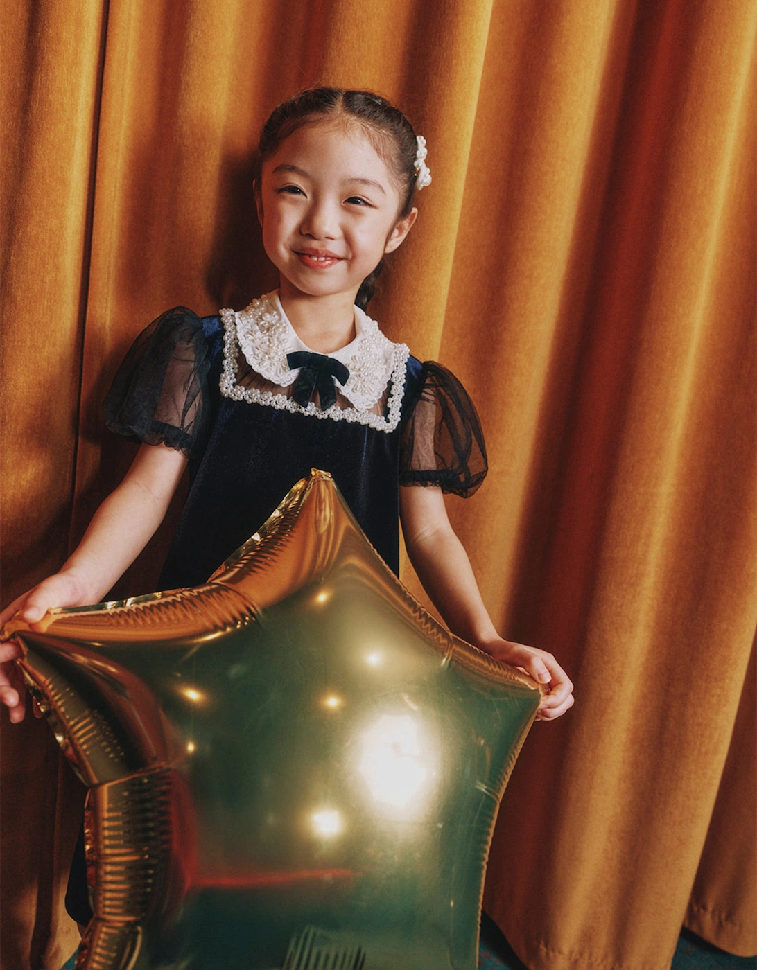 Girls Velvet Tulle Flower Trim Dress in Navy