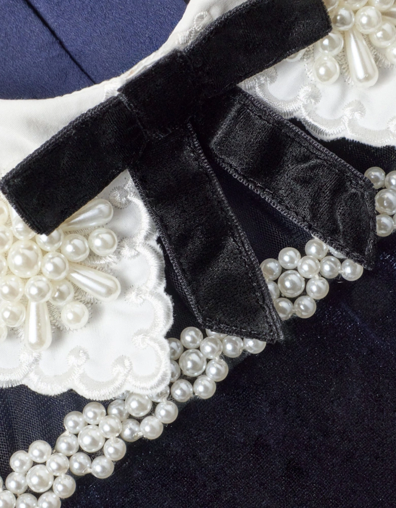 Girls Velvet Tulle Flower Trim Dress in Navy