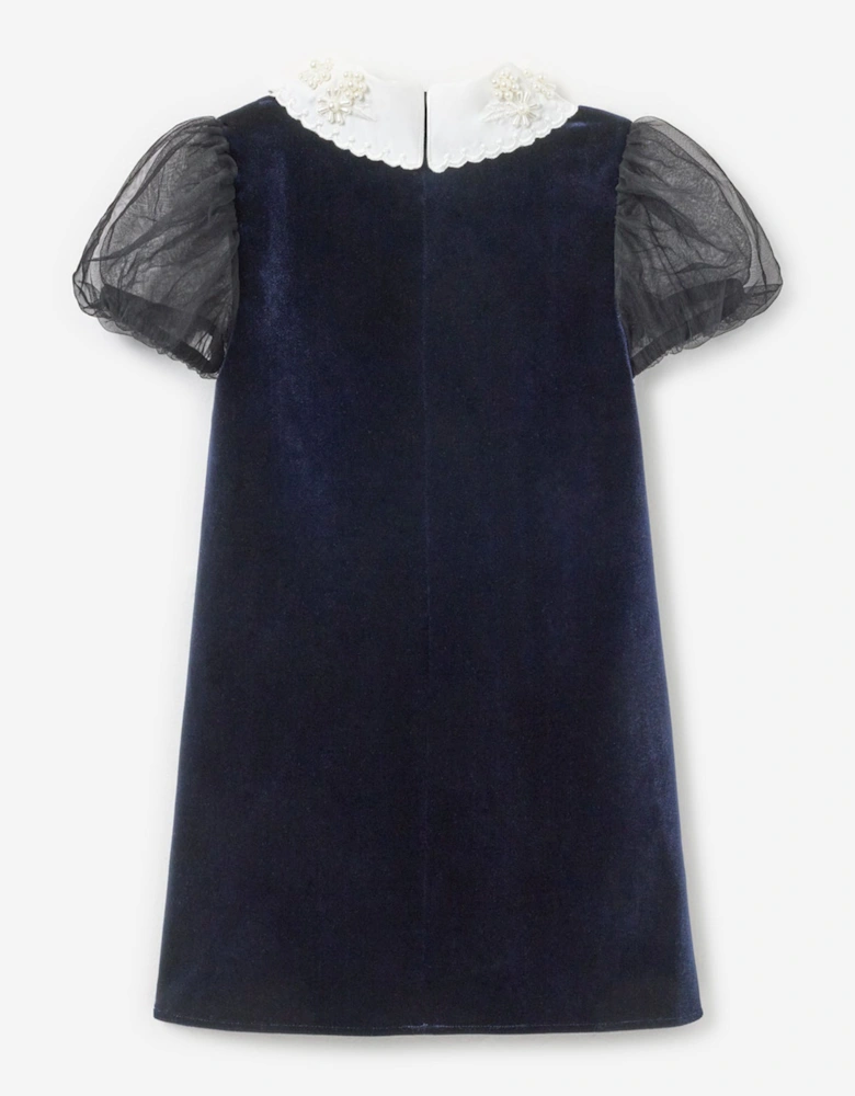 Girls Velvet Tulle Flower Trim Dress in Navy
