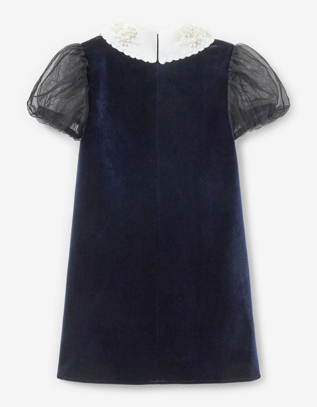 Girls Velvet Tulle Flower Trim Dress in Navy