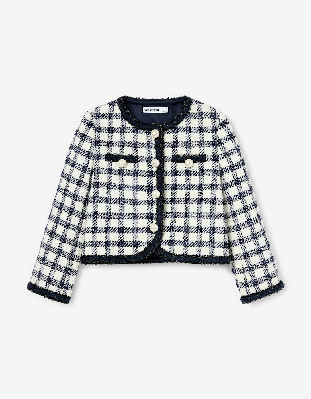 Self Portrait Girls Navy 'S Check Boucle Jacket In - Size: 10 Years/11 Years/12 Years Kids