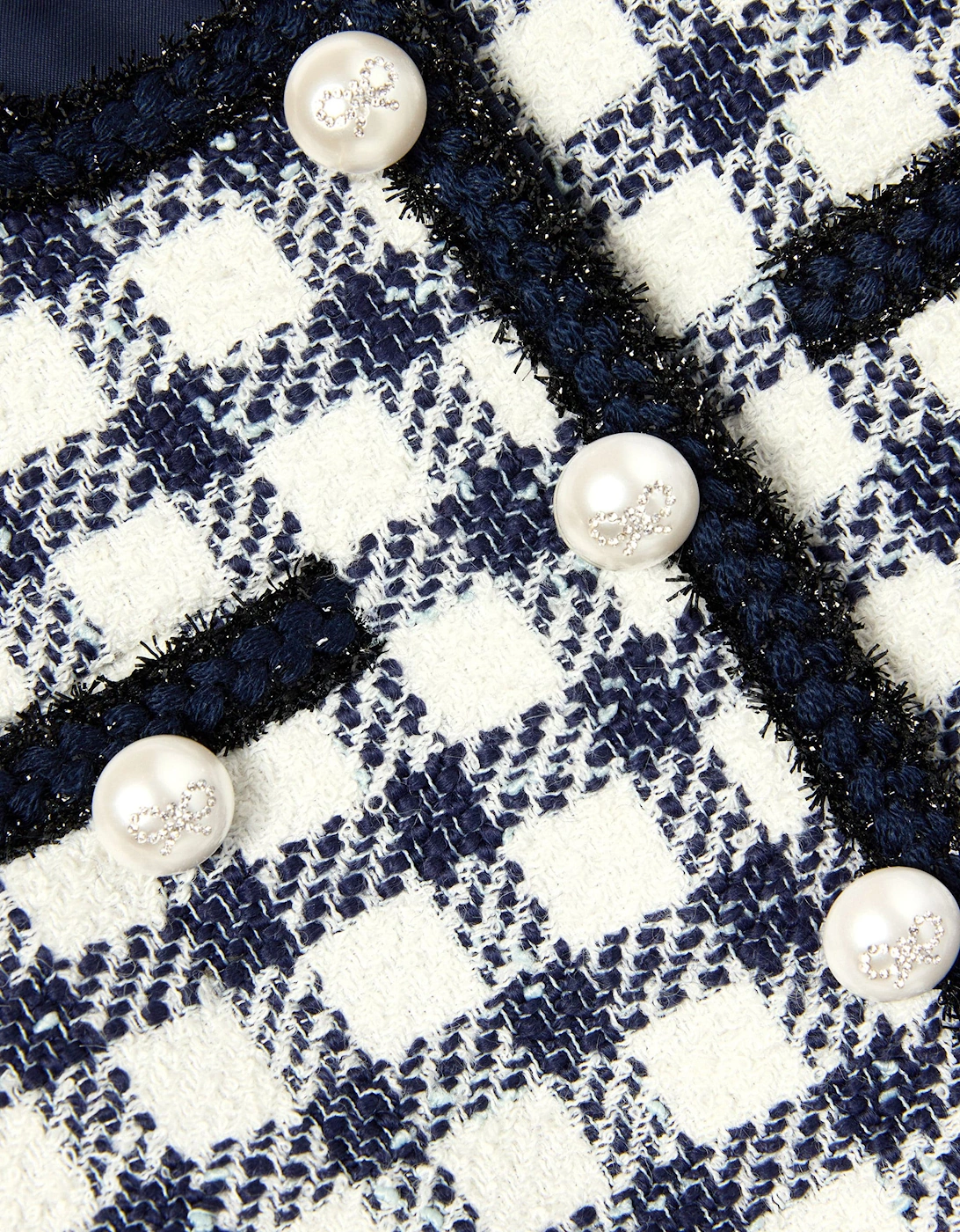 Girls Check Boucle Jacket in Navy