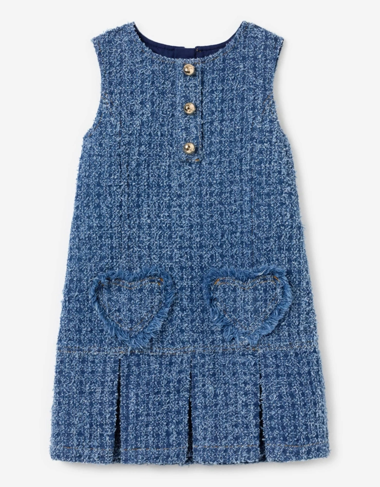 Girls Textured Denim Heart Trim Dress in Blue