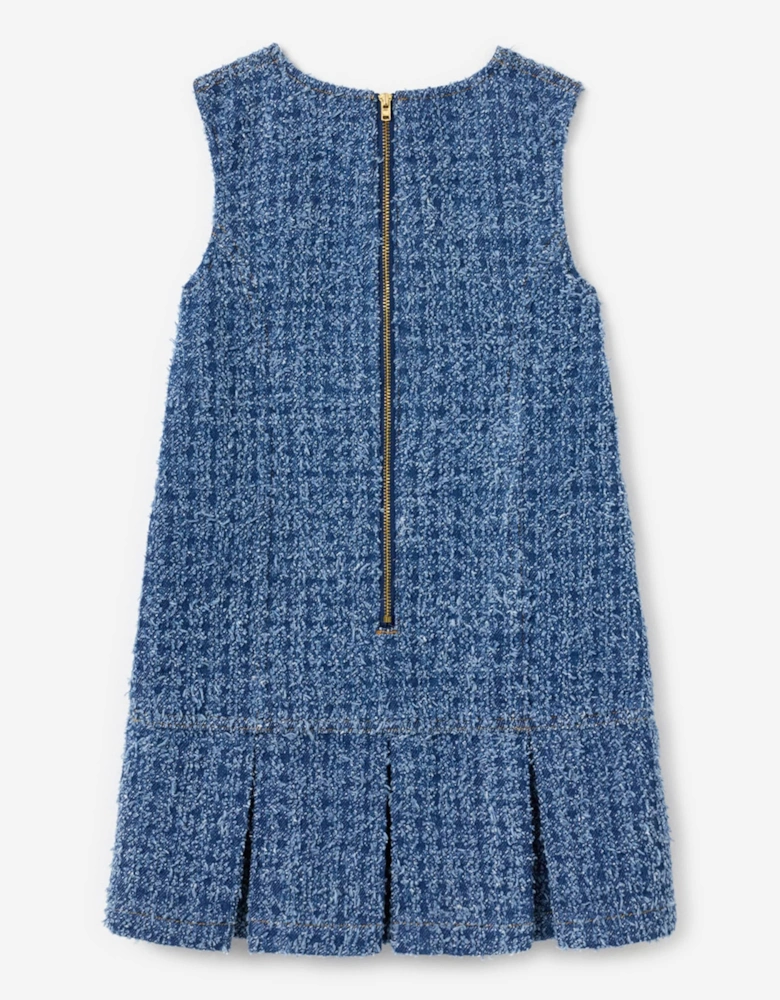 Girls Textured Denim Heart Trim Dress in Blue