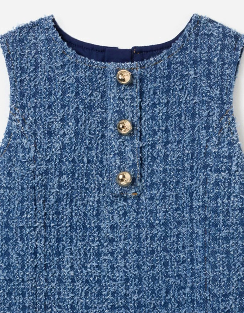 Girls Textured Denim Heart Trim Dress in Blue