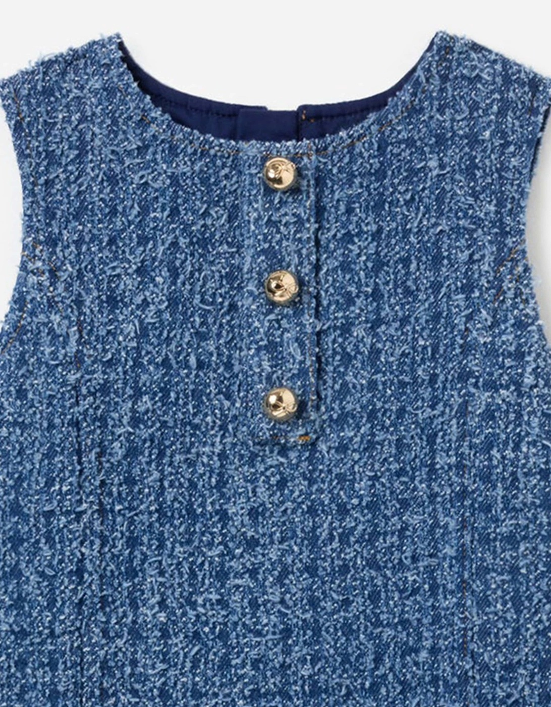 Girls Textured Denim Heart Trim Dress in Blue