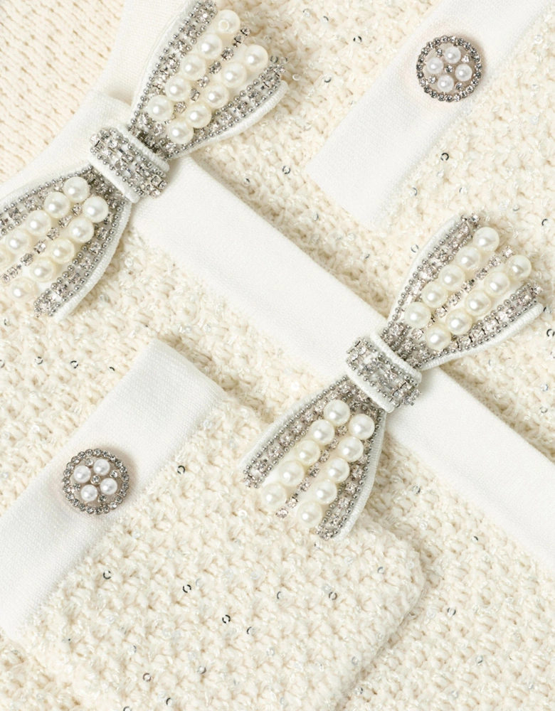 Girls Sequin Knit Bow Trim Dress in Ivory