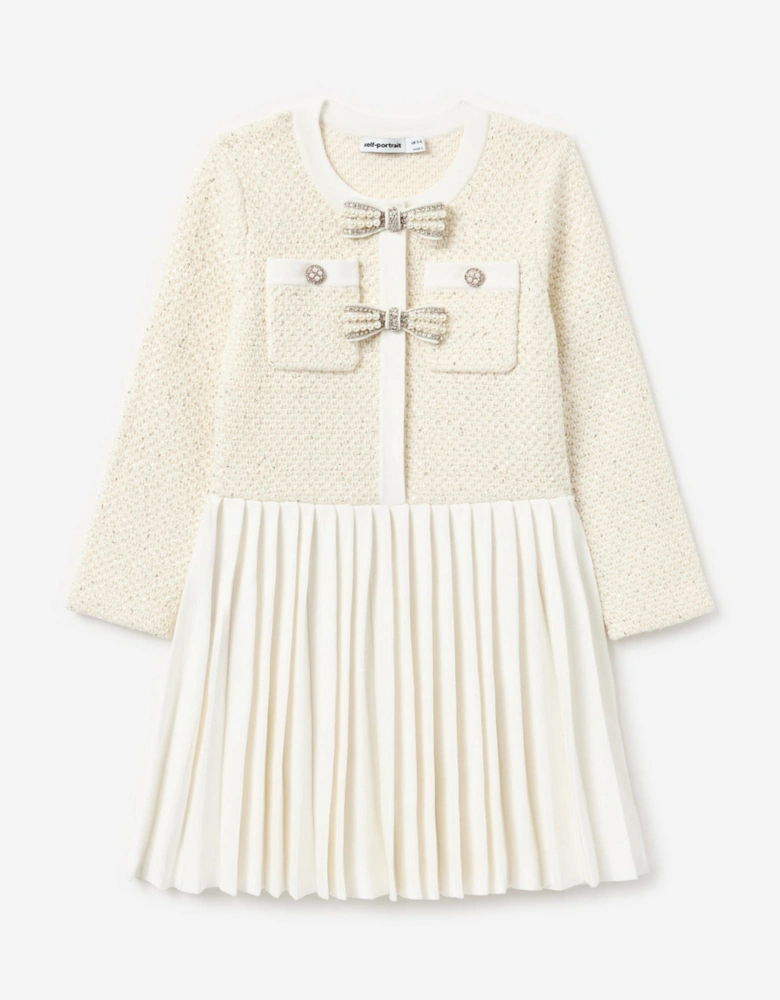 Girls Sequin Knit Bow Trim Dress in Ivory