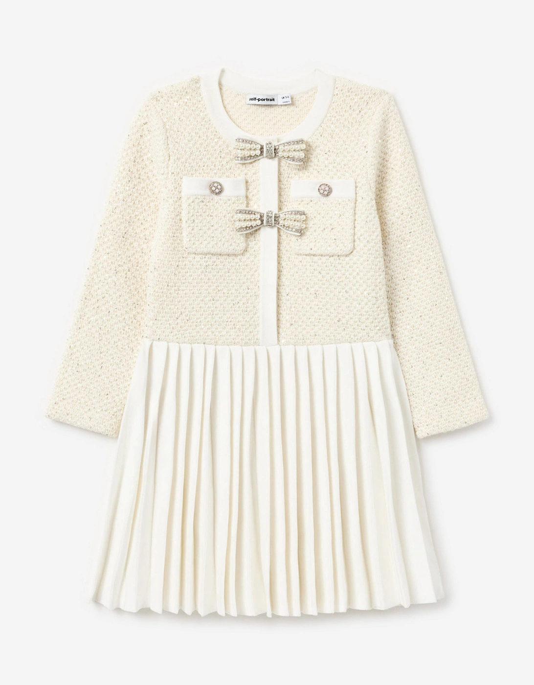Self Portrait Girls Cream Sequin Knit Bow Trim Dress  Ivory - Size 4 Years/5 Years Kids