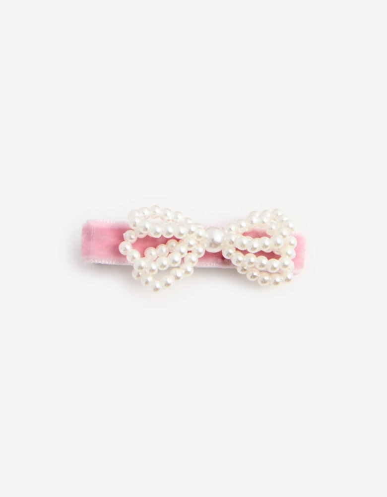 Girls Velvet Pearl Bow Hair Clips in Pink