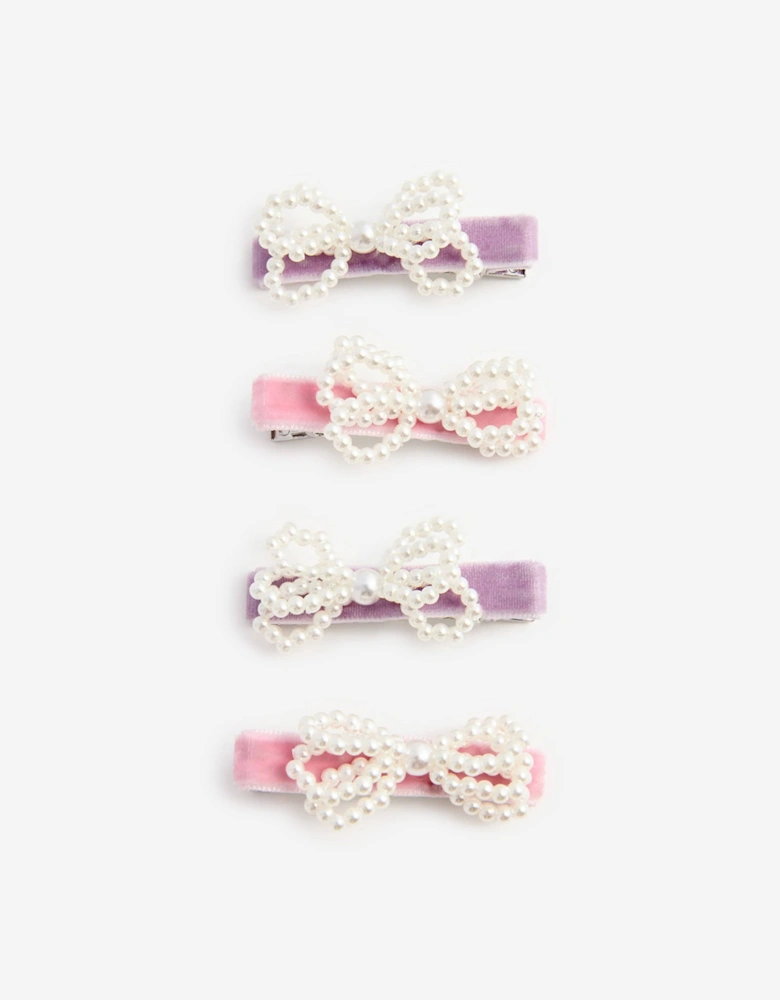 Girls Velvet Pearl Bow Hair Clips in Pink