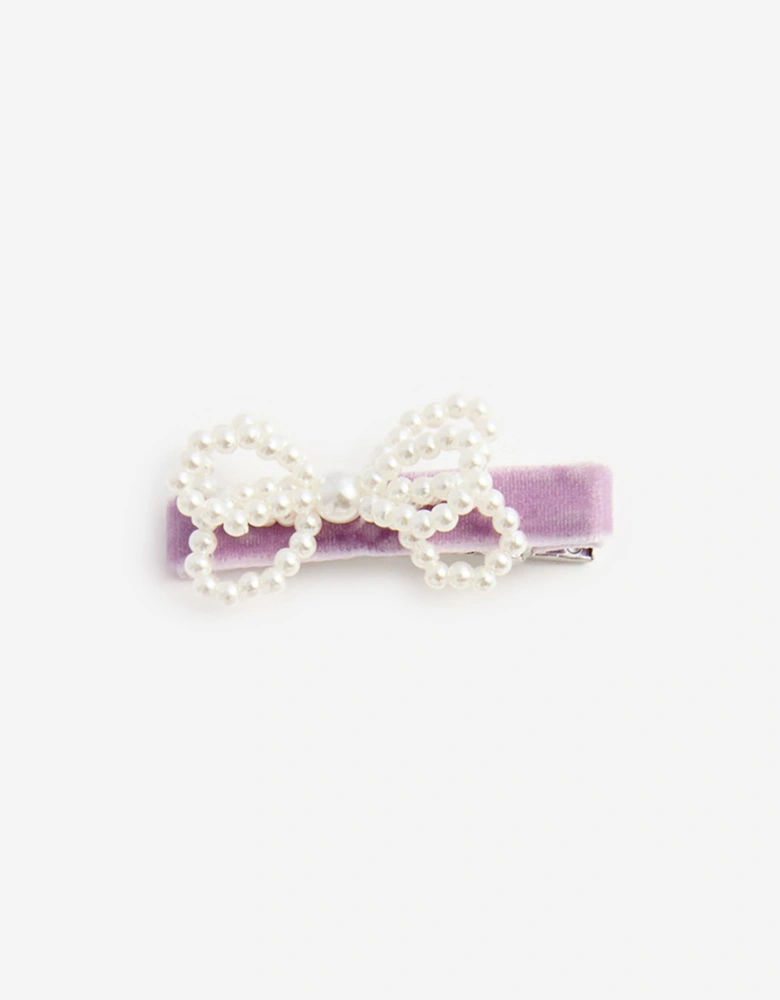 Girls Velvet Pearl Bow Hair Clips in Pink