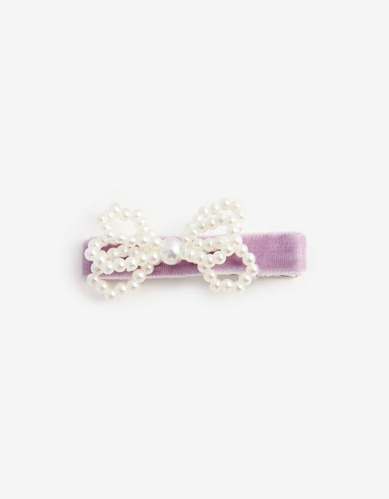 Girls Velvet Pearl Bow Hair Clips in Pink