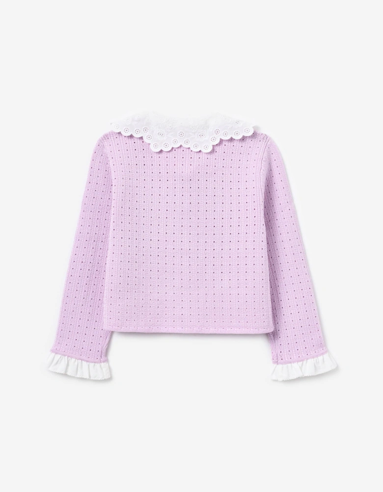 Girls Pointelle Ribbed Knit Cardigan in Pink