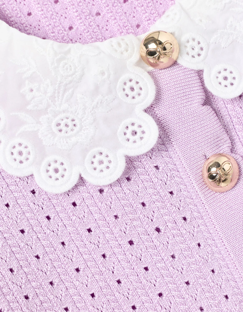 Girls Pointelle Ribbed Knit Cardigan in Pink