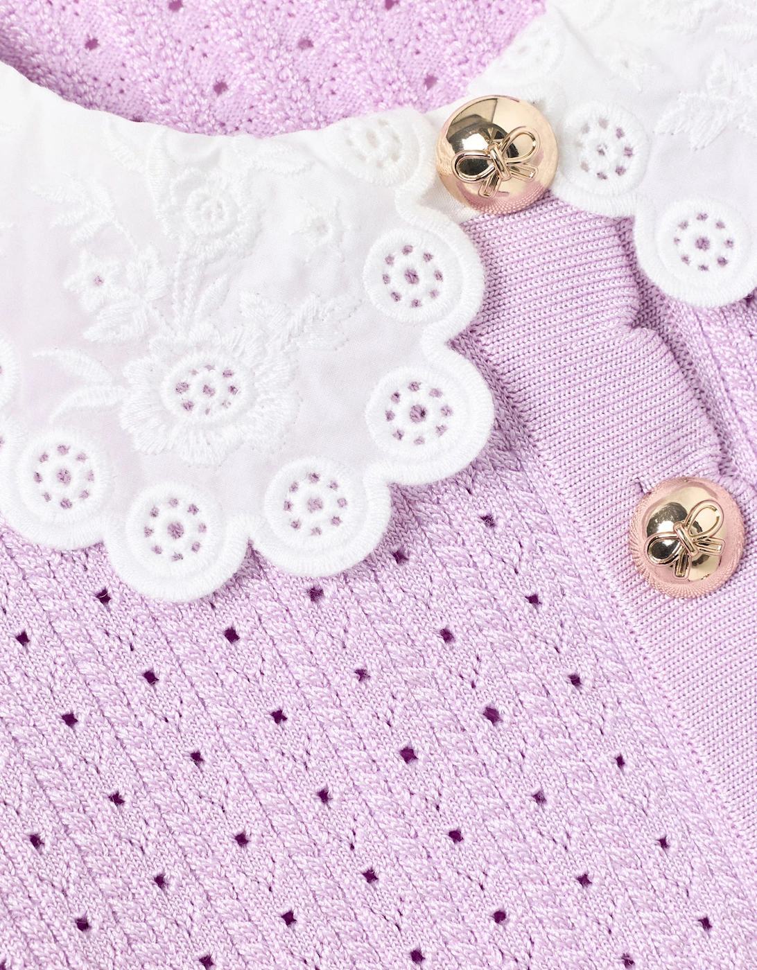 Girls Pointelle Ribbed Knit Cardigan in Pink